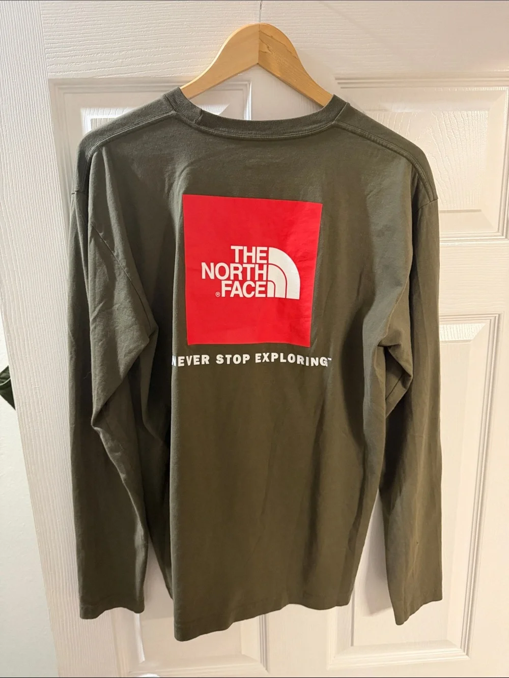 The North Face Olive Green Long Sleeve Logo Tee with Red Patch